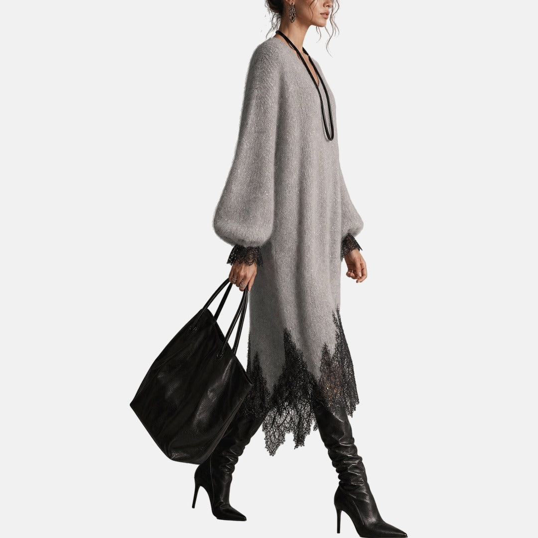 Vestido de punto para mujer con escote en V y detalles de encaje