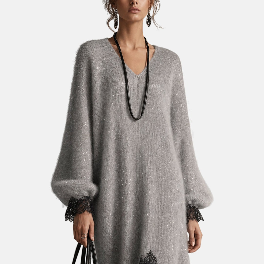 Vestido de punto para mujer con escote en V y detalles de encaje