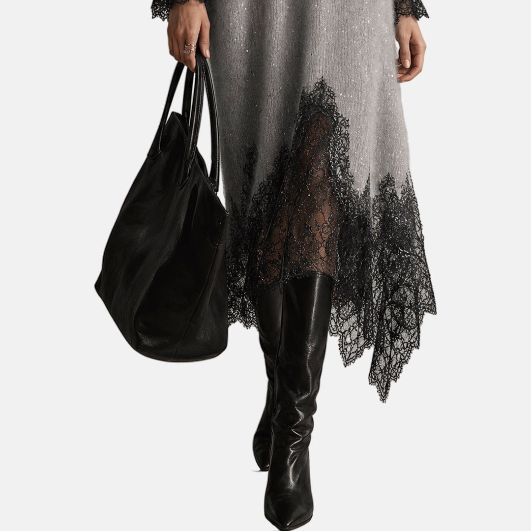 Vestido de punto para mujer con escote en V y detalles de encaje