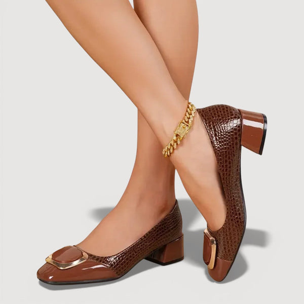 Tacones Bloque Mujer Con Acabado Croco – Zapatos Elegantes Cómodos De Tacón Bajo