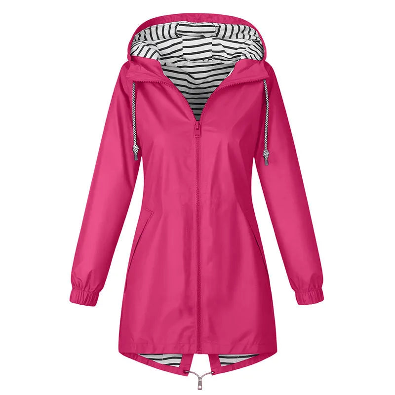 Impermeable largo con capucha y forro a rayas para mujer casual