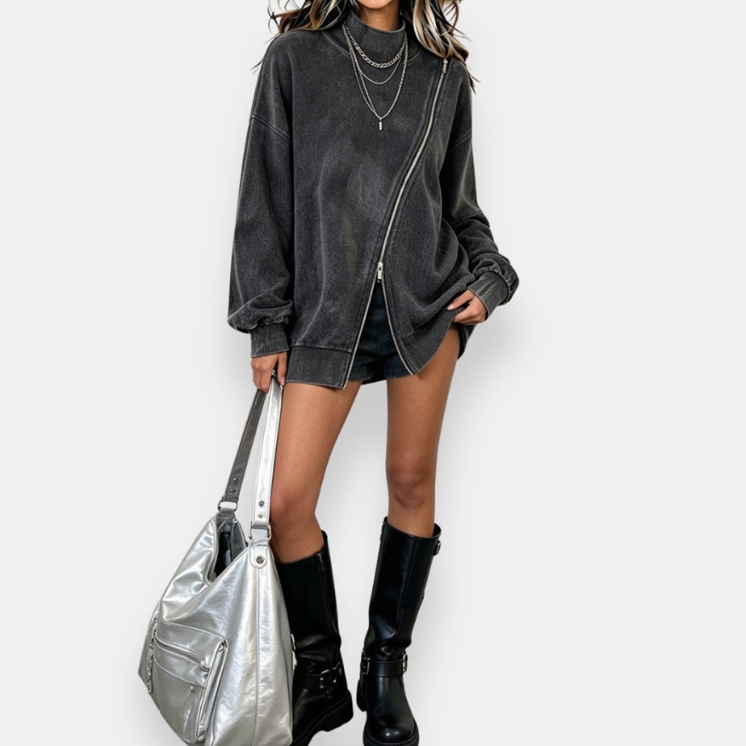 Sudadera oversize para mujer con cremallera diagonal y efecto vintage