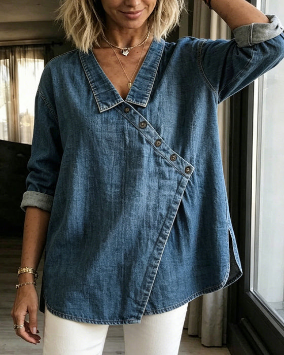 Blusa de mujer con botones diagonales y cuello de estilo camisero