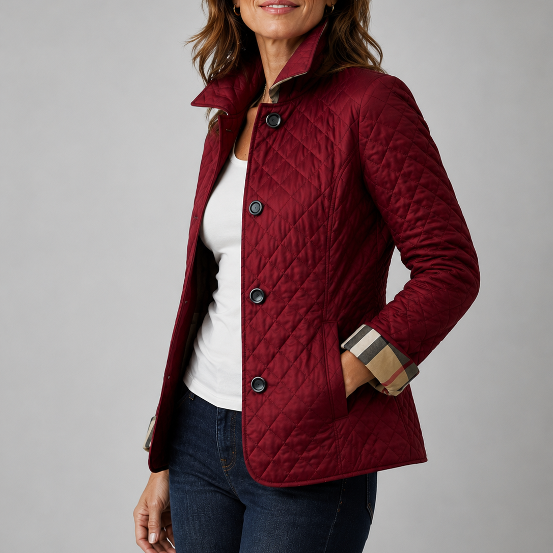 Chaqueta acolchada de mujer con cuello alto y botones frontales