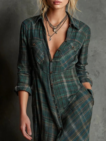 Vestido camisero largo a cuadros para mujer con cierre de botones