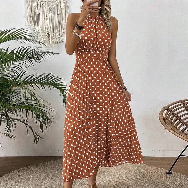 Vestido maxi de mujer con lunares y cuello halter