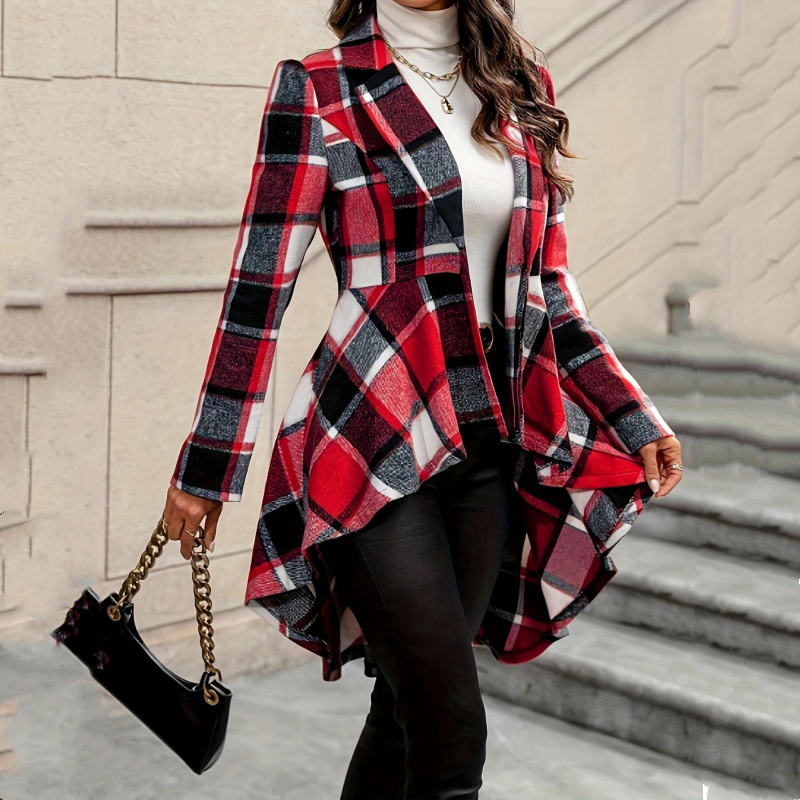 Chaqueta peplum a cuadros para mujer con bajo asimétrico elegante