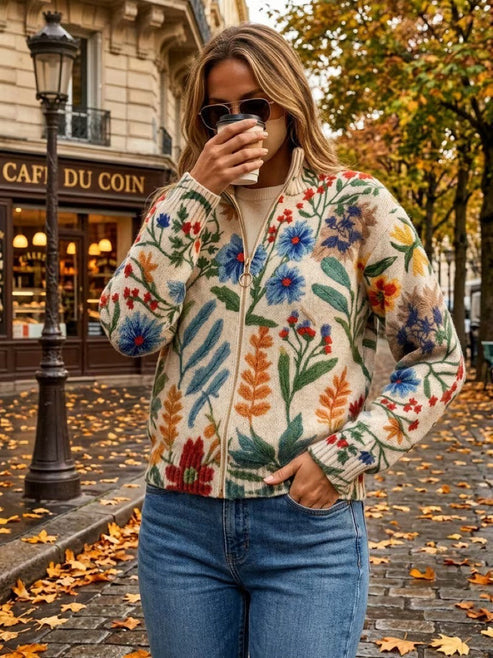 Cárdigan floral para mujer con cremallera y mangas largas