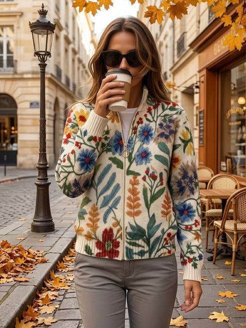 Cárdigan floral para mujer con cremallera y mangas largas