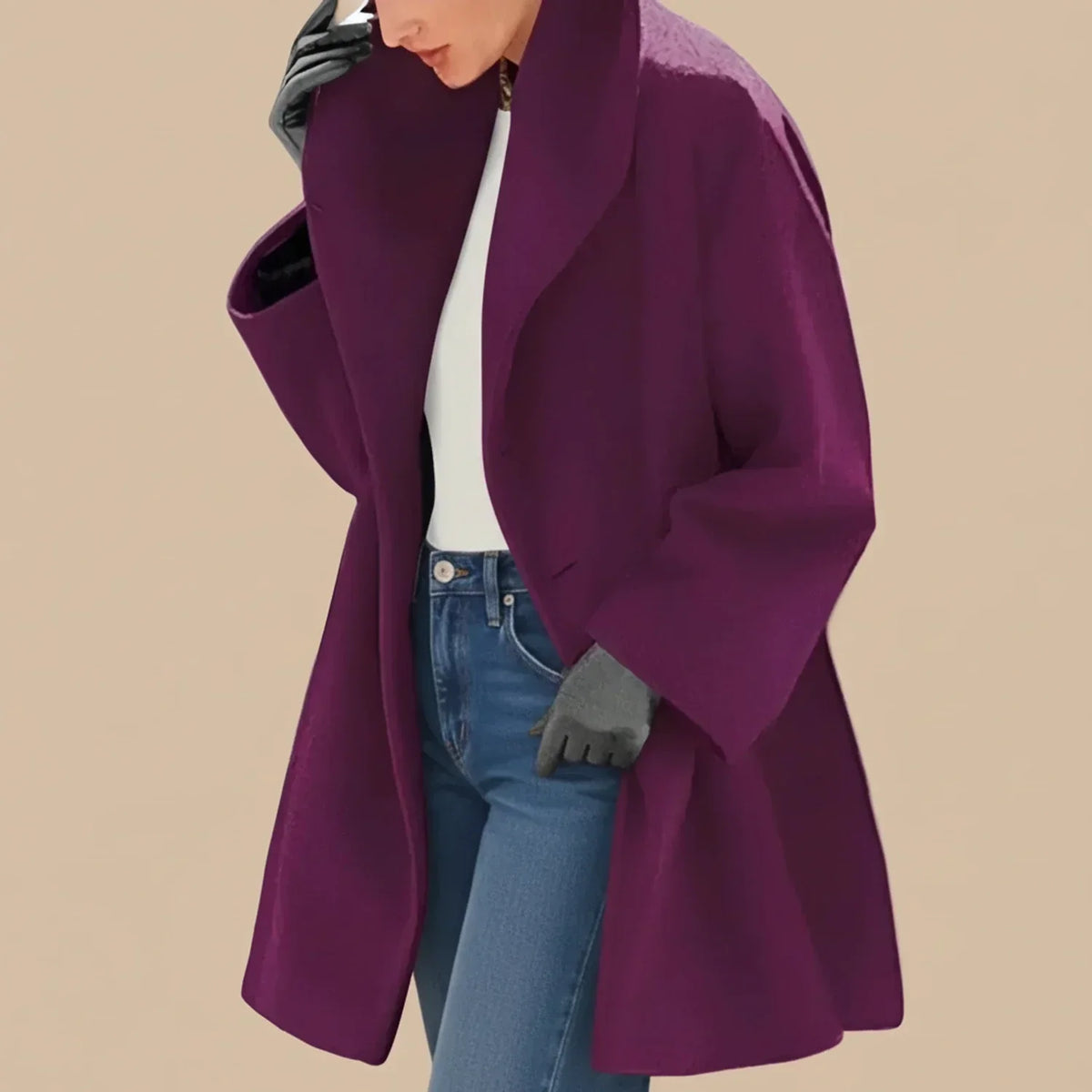 Abrigo de mujer oversize con cuello ancho y corte evasé elegante