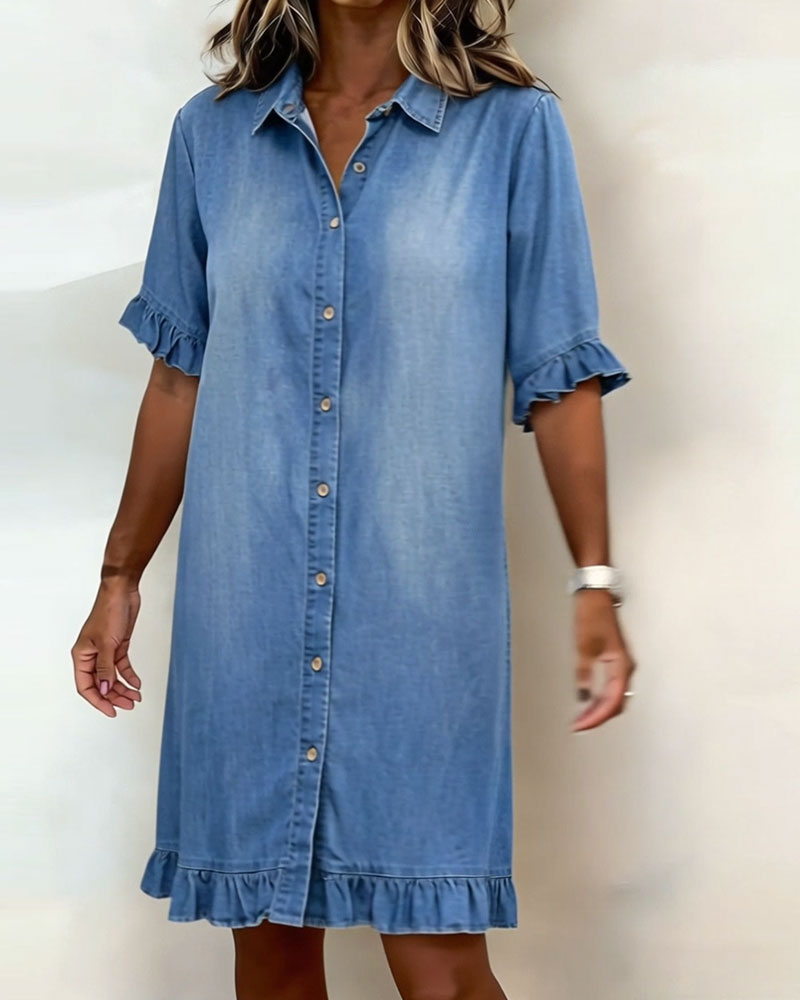 Vestido Denim Mujer con Botones y Volantes – Estilo Casual Cómodo
