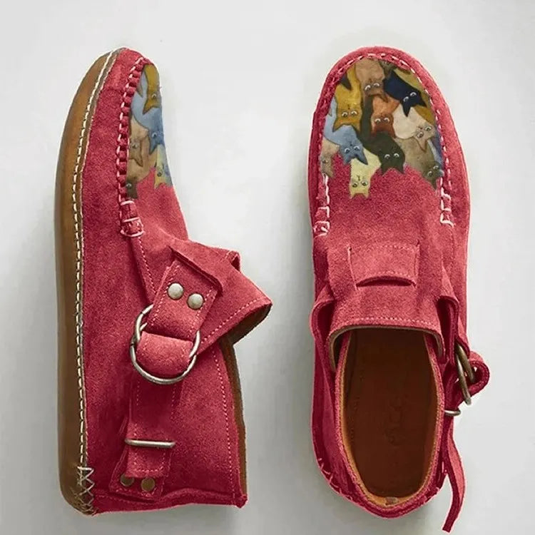 Botines bajos para mujer con estampado de gatos y tira lateral