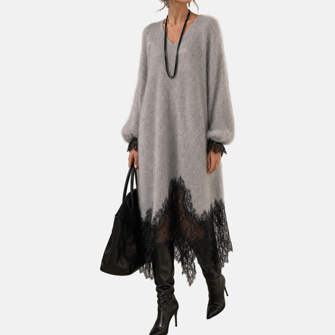 Vestido de punto para mujer con escote en V y detalles de encaje