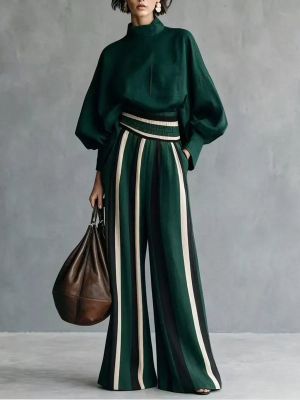 Conjunto de dos piezas para mujer con pantalón ancho a rayas