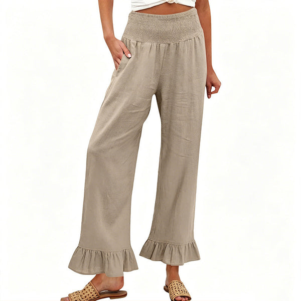 Pantalón mujer algodón lino ancho tiro alto smock volante bajo boho casual