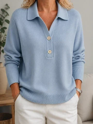 Suéter de mujer con cuello de camisa y botones decorativos finos