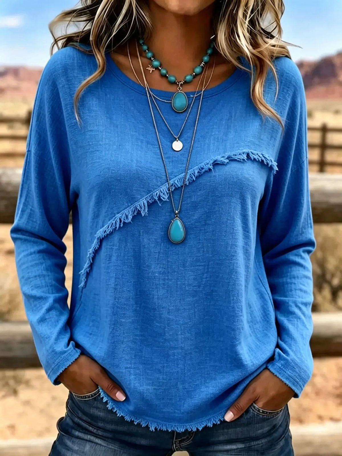 Blusa bohemia para mujer con flecos y manga larga relajada