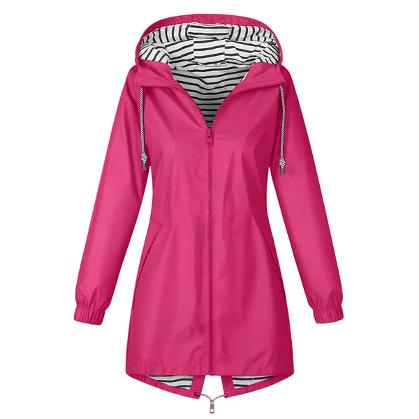 Impermeable largo con capucha y forro a rayas para mujer casual