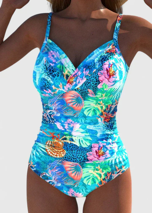 Bañador mujer una pieza tropical marino escote V moldeador