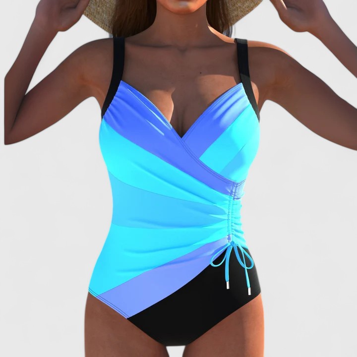 Bañador mujer una pieza cruzado rayas multicolores fruncido cordón moldeador playa