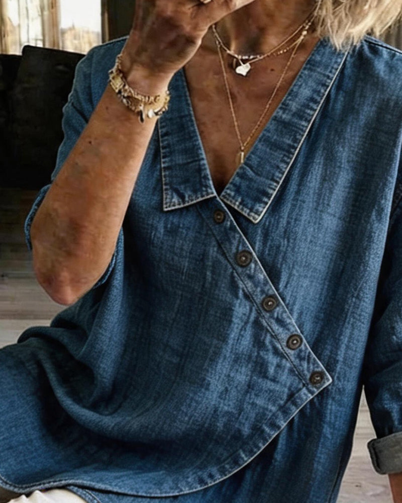 Blusa de mujer con botones diagonales y cuello de estilo camisero