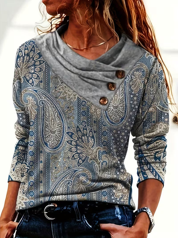 Top de mujer con estampado paisley, cuello drapeado y botones