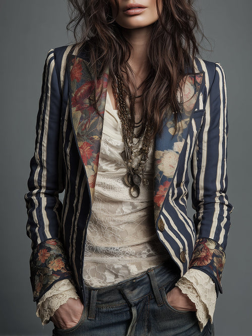 Blazer mujer bohemio con rayas y estampado floral