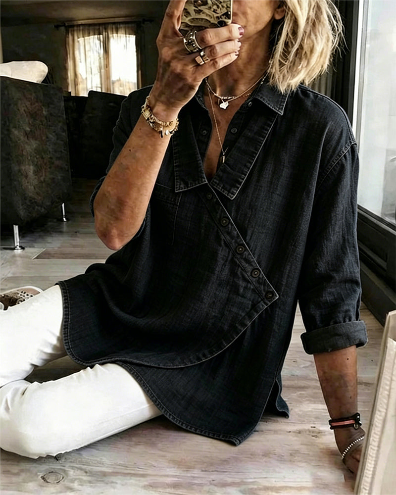 Blusa de mujer con botones diagonales y cuello de estilo camisero