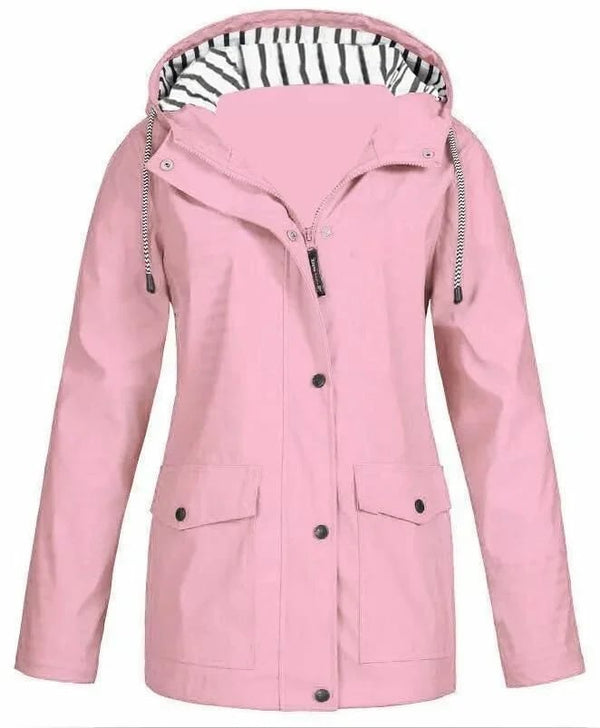 Chaqueta impermeable de mujer con capucha y bolsillos frontales