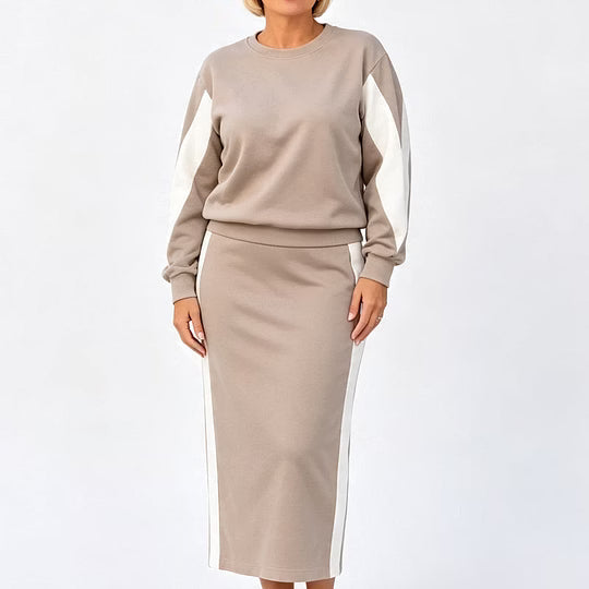 Conjunto bicolor de punto para mujer con falda midi