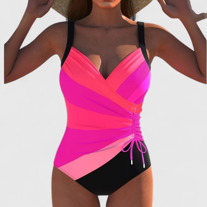 Bañador mujer una pieza cruzado rayas multicolores fruncido cordón moldeador playa