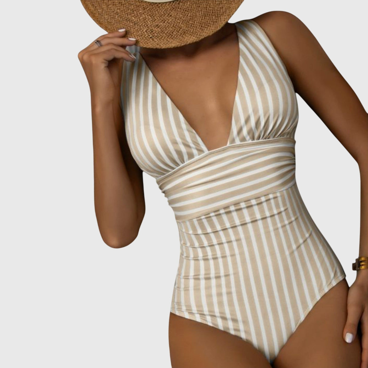 Bañador mujer una pieza rayas escote V profundo moldeador cintura elegante playa