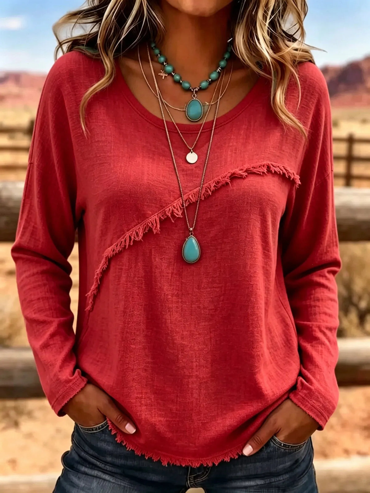 Blusa bohemia para mujer con flecos y manga larga relajada