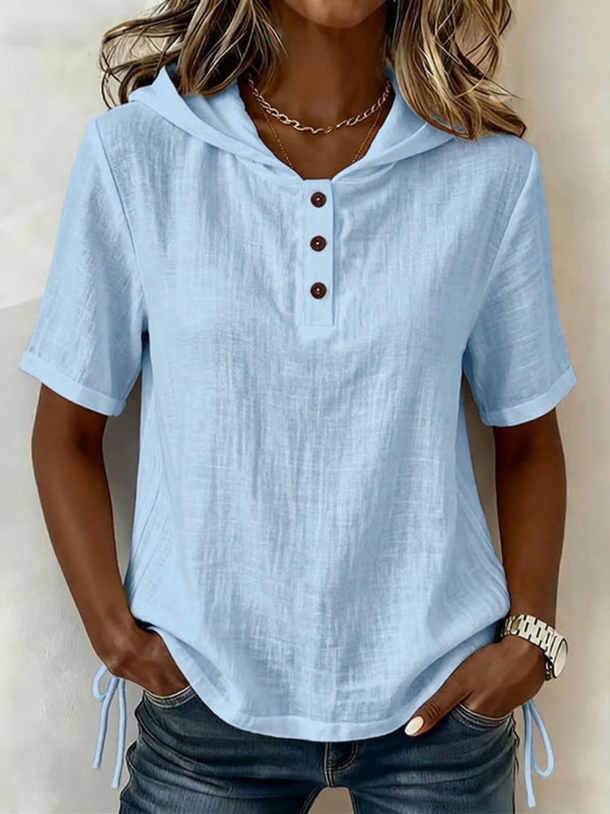 Top mujer con capucha botones manga corta – casual cómodo verano