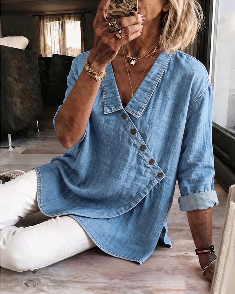 Blusa de mujer con botones diagonales y cuello de estilo camisero