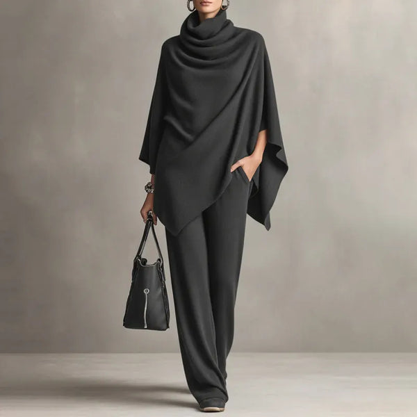 Conjunto elegante de capa drapeada y pantalón ancho para mujer