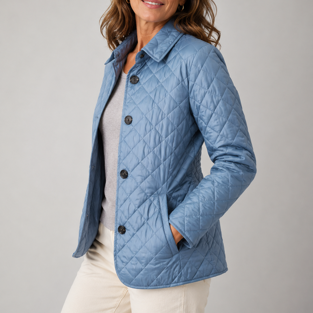 Chaqueta acolchada de mujer con cuello alto y botones frontales