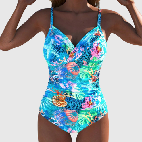 Bañador mujer una pieza tropical marino escote V moldeador