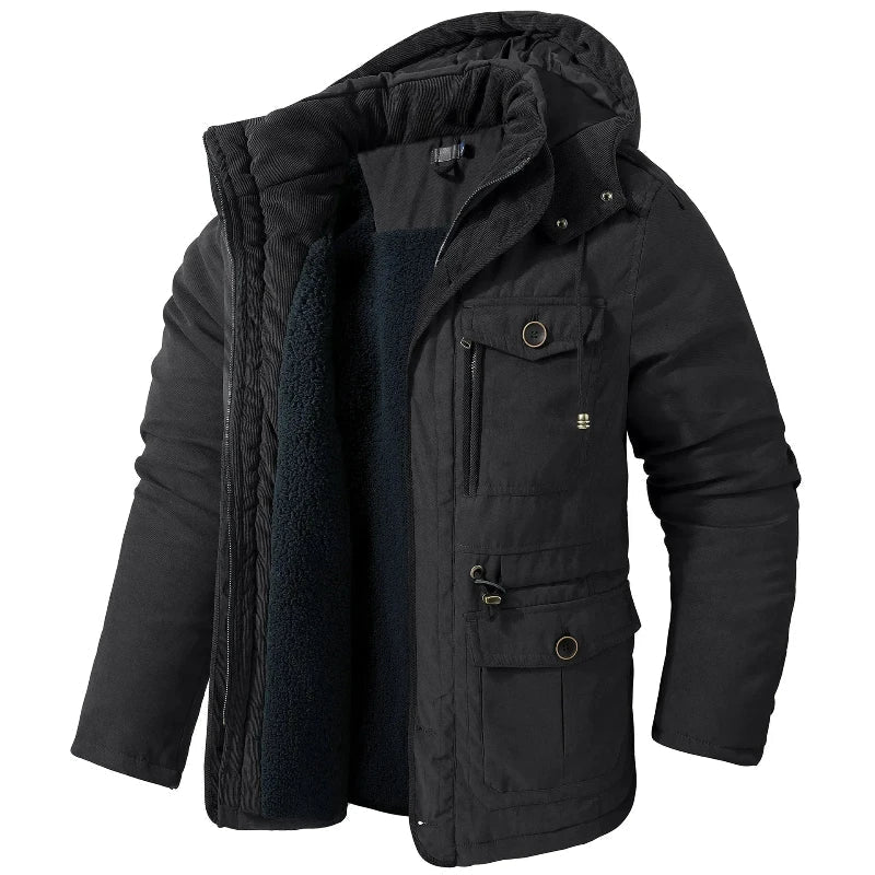 Parka de invierno para hombre con capucha desmontable y bolsillos