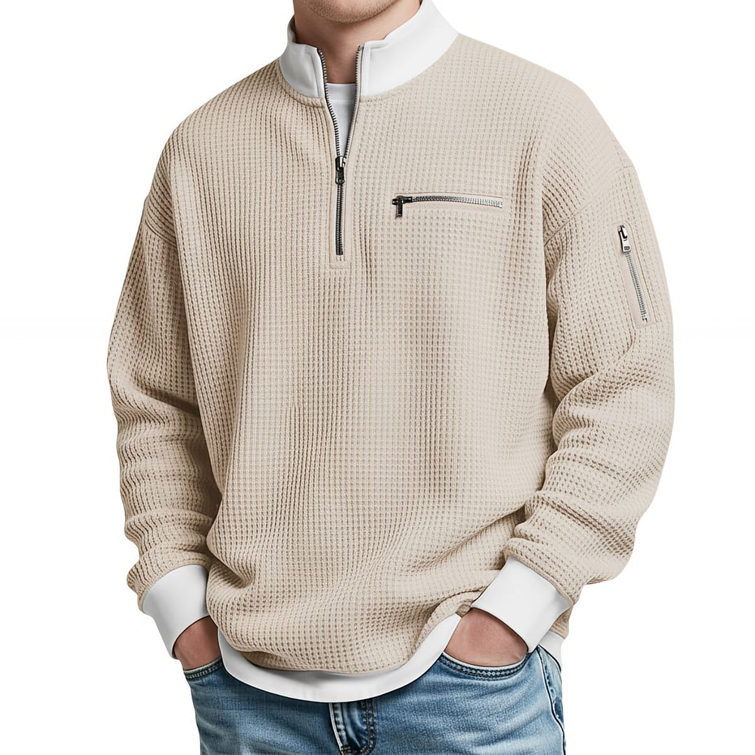 Suéter texturizado para hombre con media cremallera y bolsillos