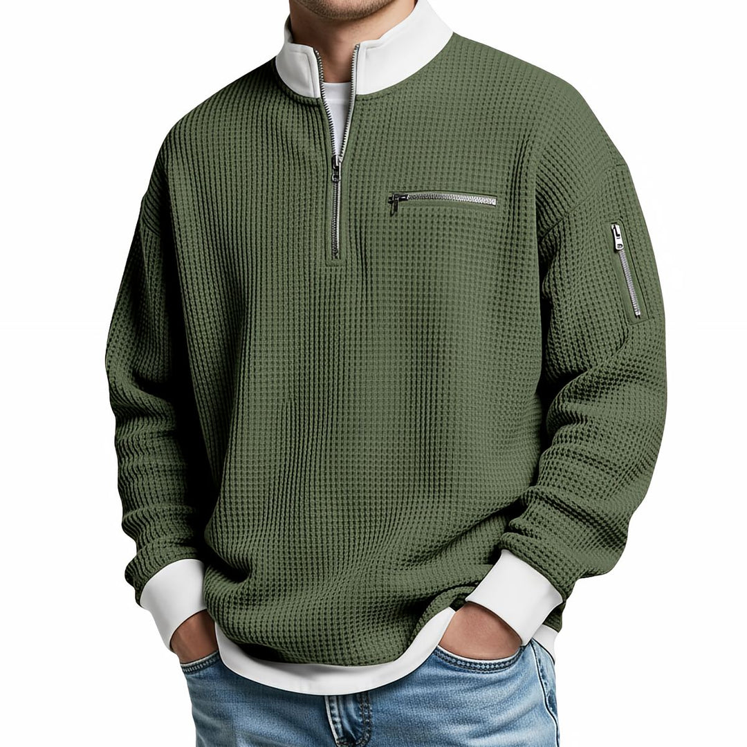 Suéter texturizado para hombre con media cremallera y bolsillos
