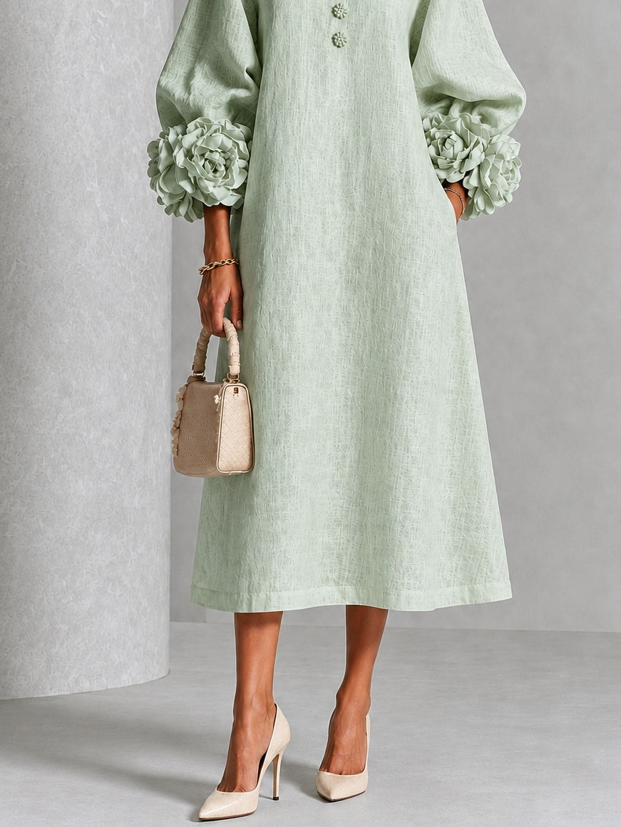 Vestido midi para mujer con mangas florales en relieve elegantes