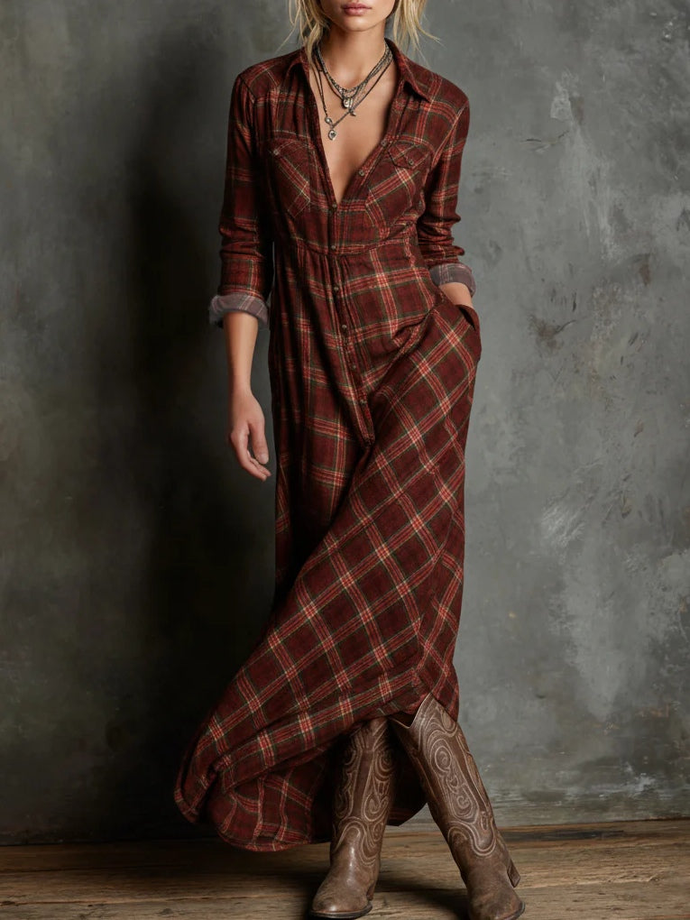 Vestido camisero largo a cuadros para mujer con cierre de botones