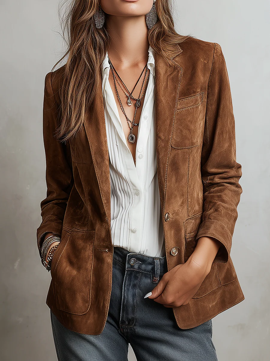 Blazer vintage para mujer con solapas y bolsillos delanteros