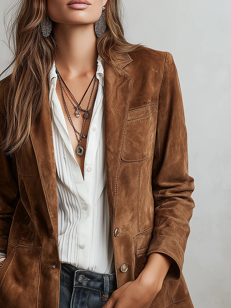 Blazer vintage para mujer con solapas y bolsillos delanteros
