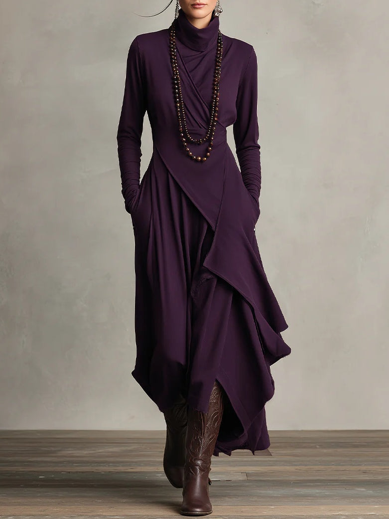 Vestido largo drapeado para mujer con cuello alto asimétrico
