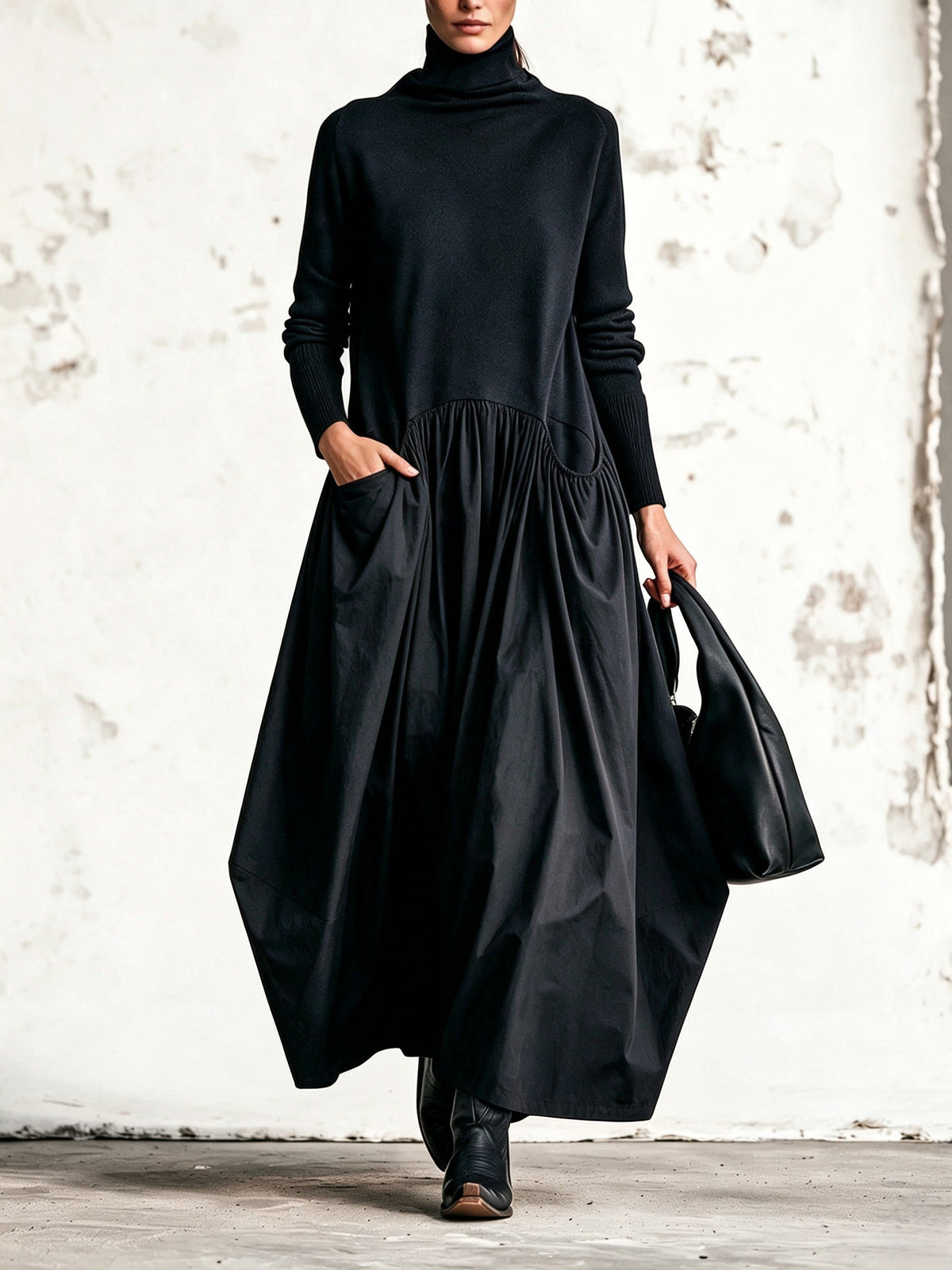 Vestido largo oversize para mujer con cuello alto y falda fruncida