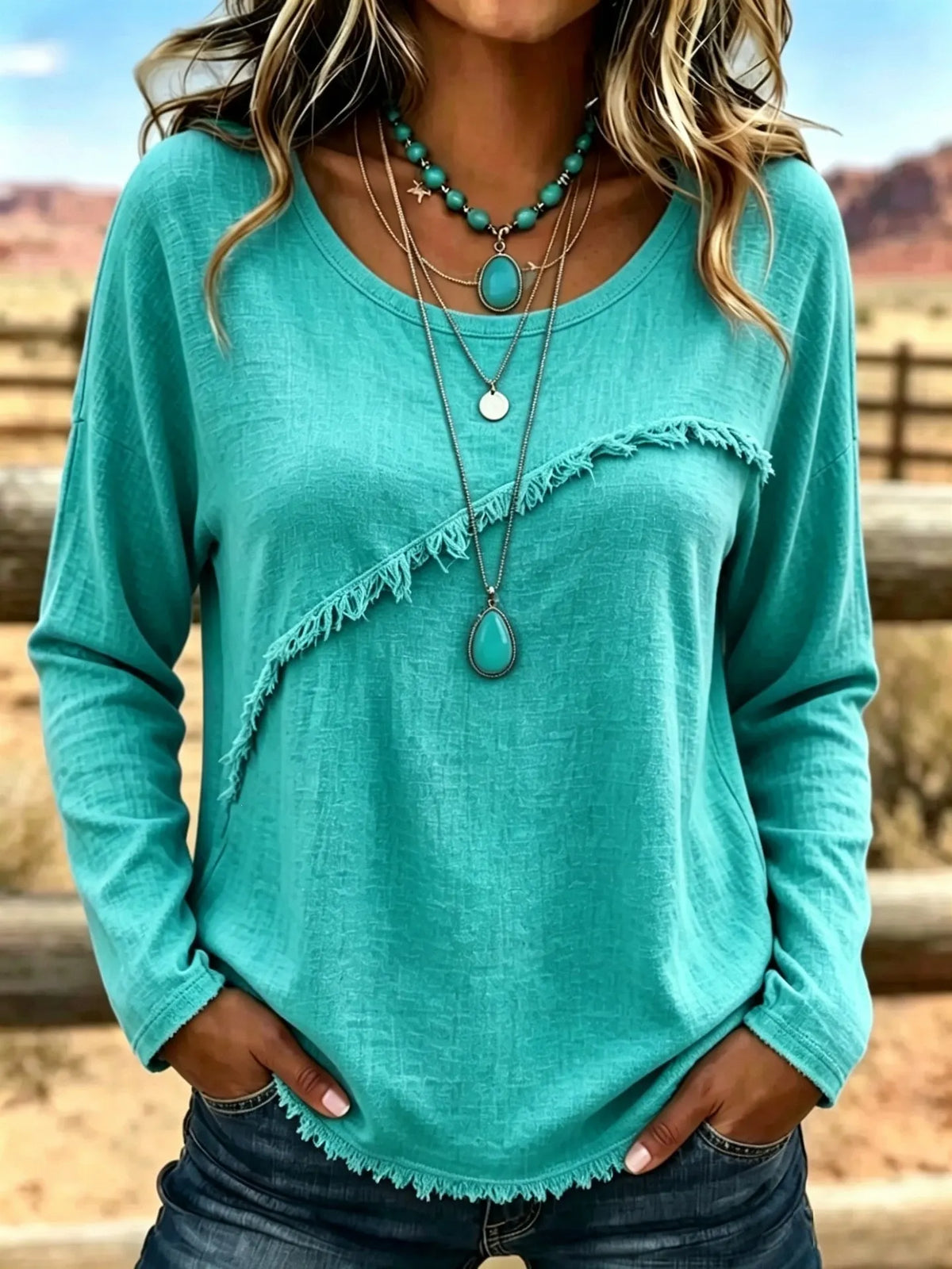 Blusa bohemia para mujer con flecos y manga larga relajada
