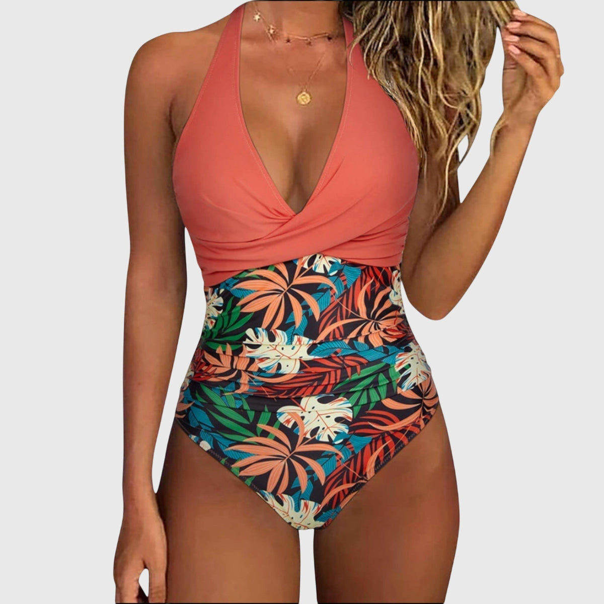 Bañador mujer una pieza halter escote V floral fruncido moldeador playa