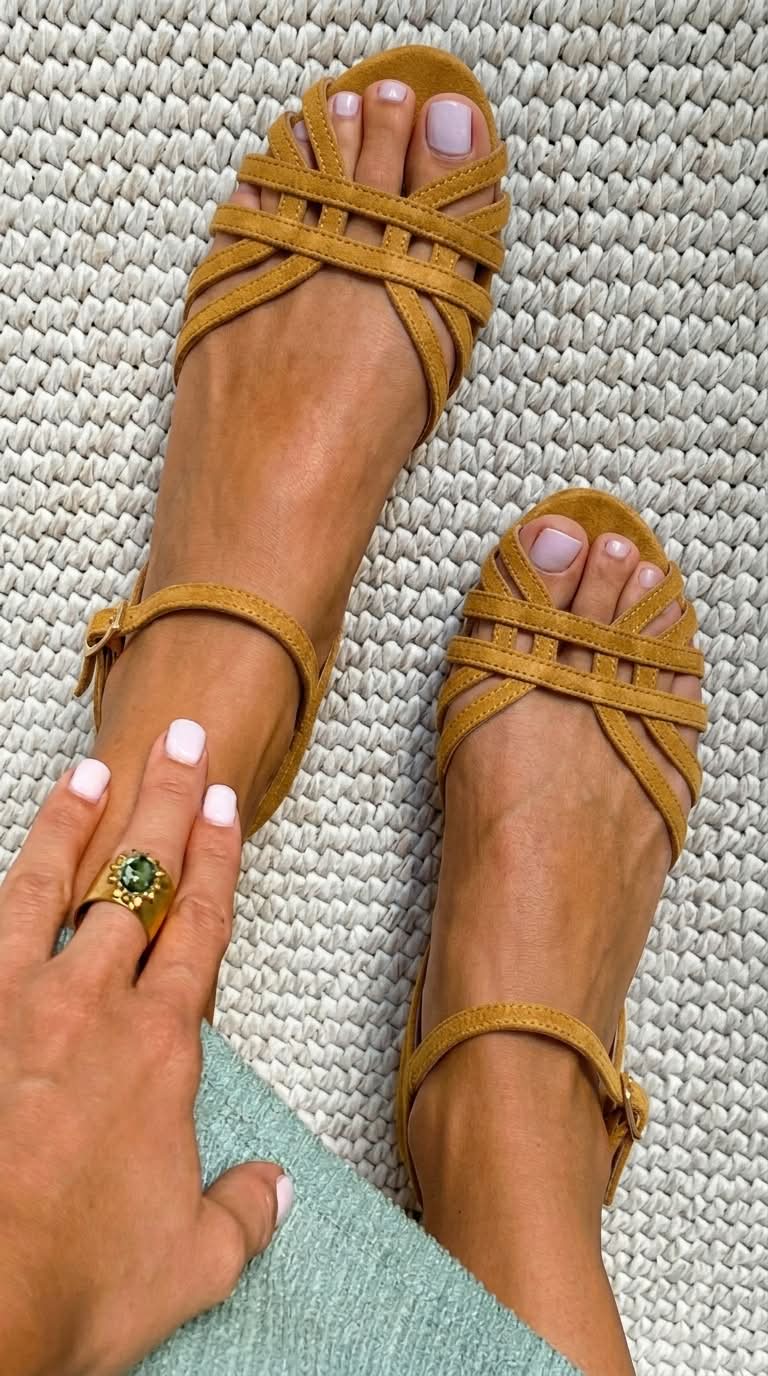 Sandalias de Ante Planas Cuoio con Hebilla al Tobillo y Tiras Múltiples
